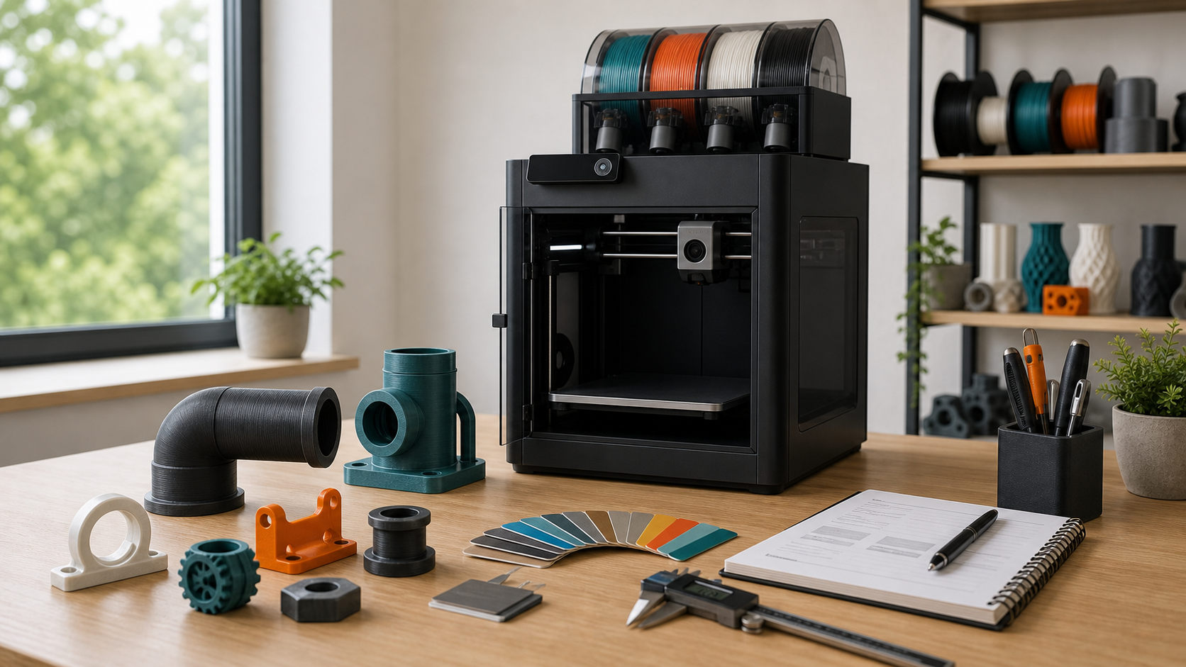 Tidy local 3D printing workshop with Bambu P1S style printer, AMS style filament unit, sample printed parts and measuring tools