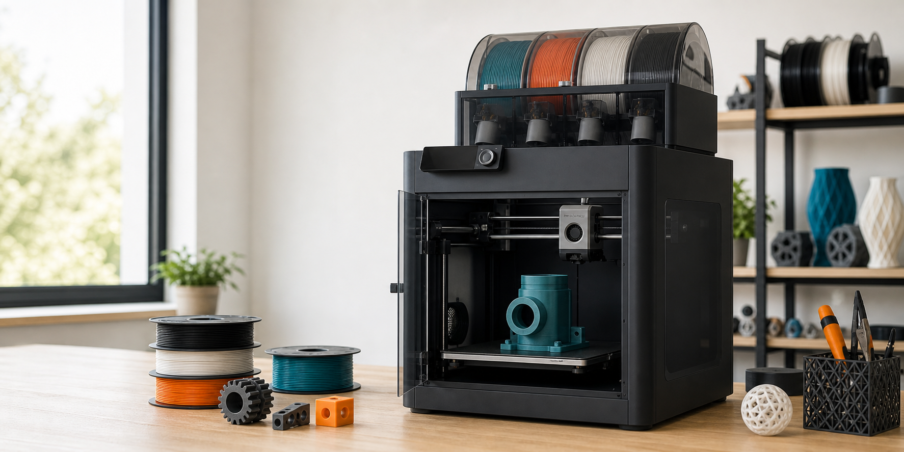 Bambu P1S style enclosed 3D printer with AMS style multicolour PLA filament system in a clean workshop