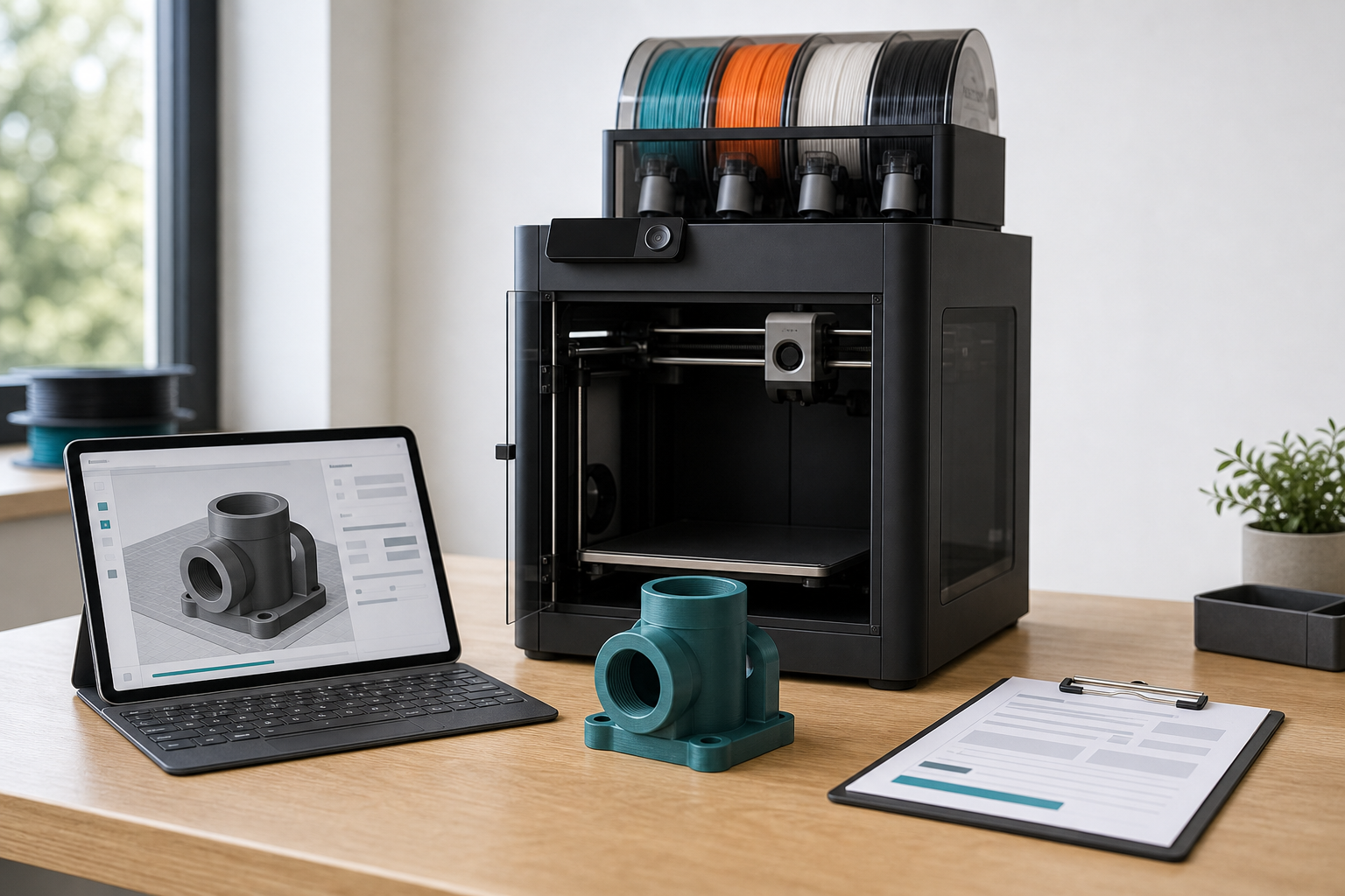 Bambu P1S style 3D printer with AMS style filament unit, a 3D file preview, and a finished printed part ready for collection