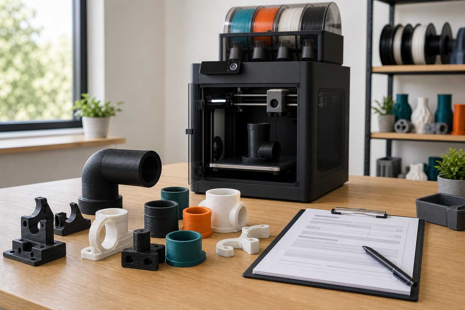 Bambu P1S style 3D printer with finished prototype pipework parts and a job order sheet