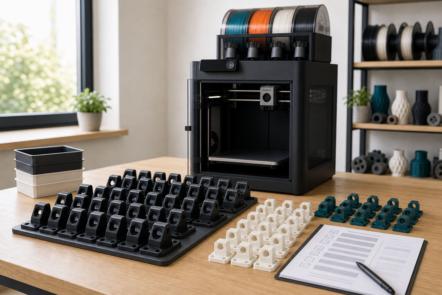 Small batch of identical PLA printed parts arranged neatly with a Bambu P1S style printer and AMS style filament unit in a tidy workshop