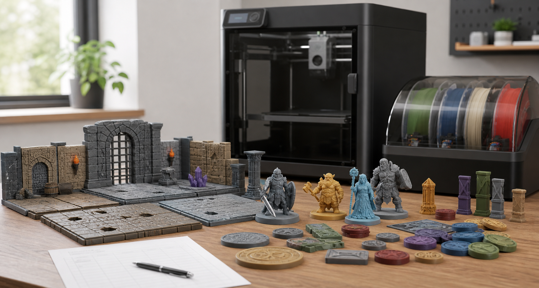 PLA printed tabletop gaming terrain, bases, tokens and miniature pieces beside a Bambu P1S style 3D printer